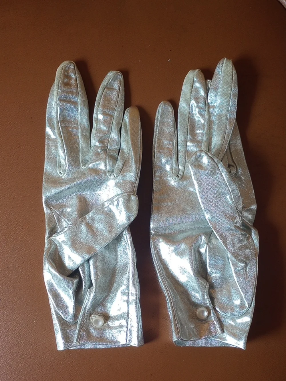 Vintage Retro Metallic Silver Fancy Formal Prom Gloves w/ Buttons at the Cuffs